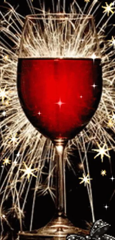 Red wine glass with sparkling fireworks on a festive background.