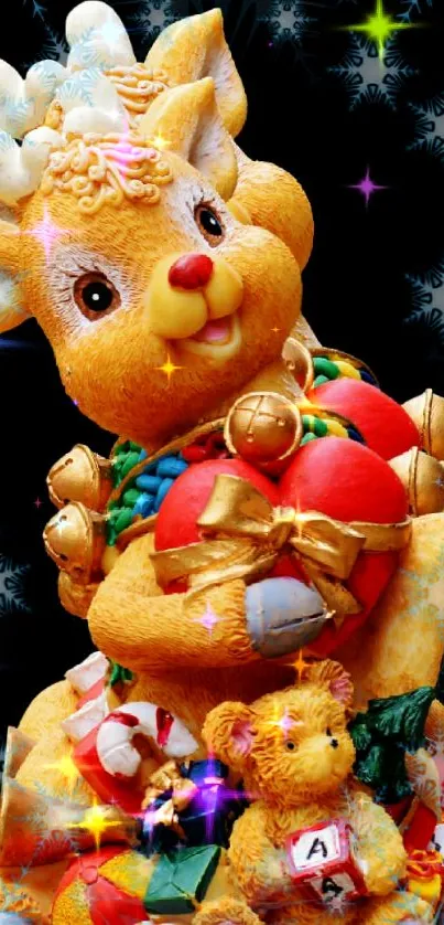 Festive reindeer with gifts on a dark background wallpaper.