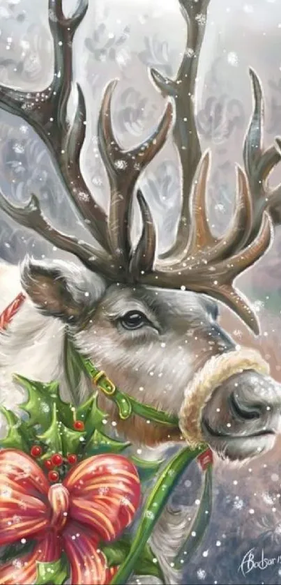 Festive reindeer with red ribbon and greenery in a snowy artistic setting.