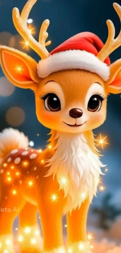 Cartoon reindeer with Santa hat glowing lights.