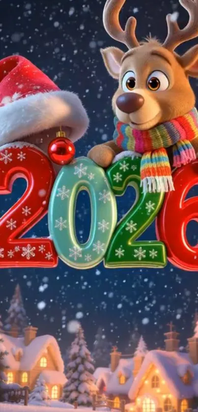 Cute reindeer with Christmas 2026 number and snowy background.