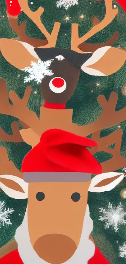 Festive reindeer with Santa hats on a snowy Christmas background.