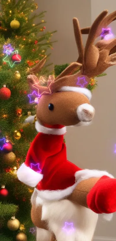 Plush reindeer in Santa suit by decorated Christmas tree.