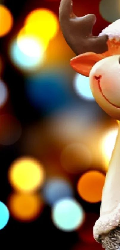 Festive reindeer with Santa hat and colorful bokeh lights background.