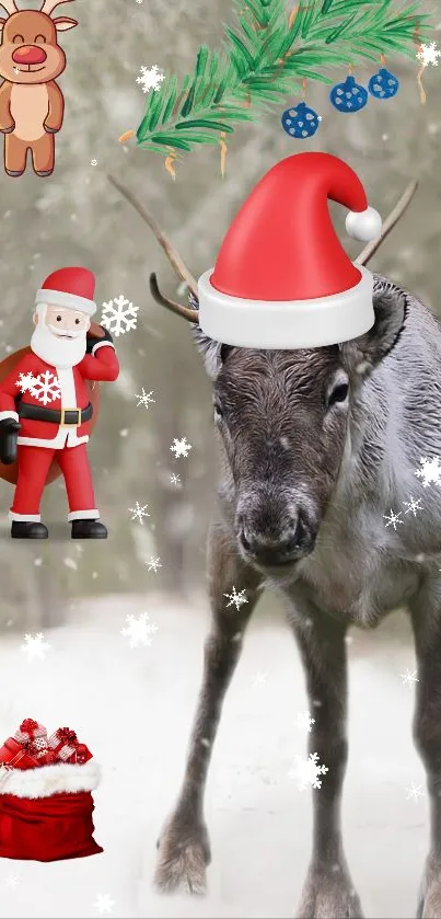 Reindeer in a Santa hat with Christmas icons and snowflakes.