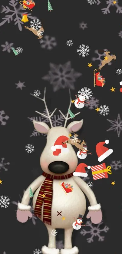 Festive reindeer Christmas wallpaper with Santa and snowflakes.