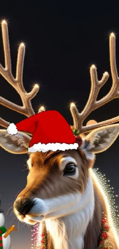 Festive reindeer wearing a Santa hat with a snowman against a night sky.