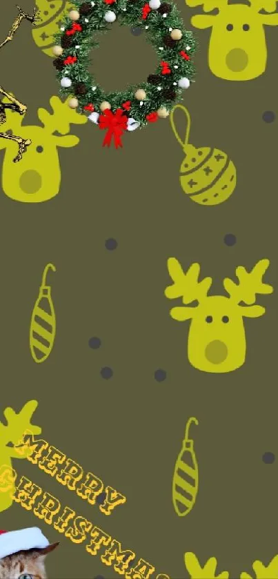 Festive mobile wallpaper with reindeer and Christmas wreath.