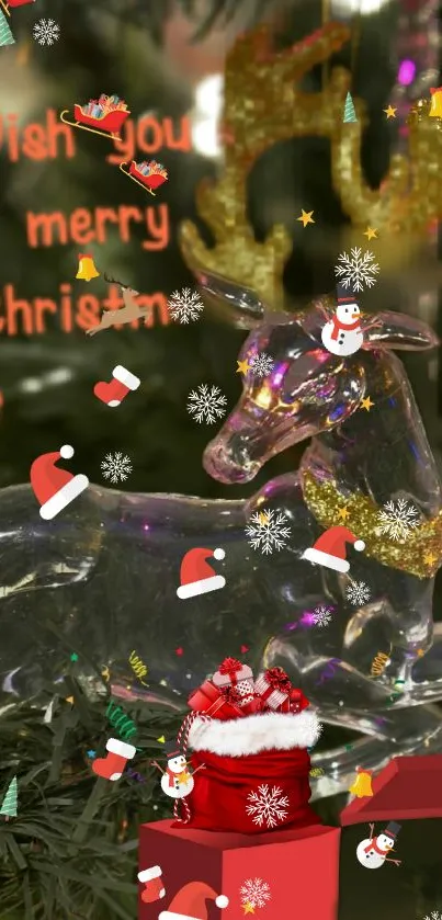 Christmas reindeer ornament on festive tree with holiday decorations.