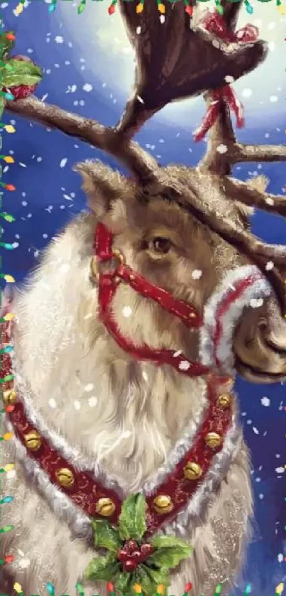 Festive Christmas reindeer with lights and snow.