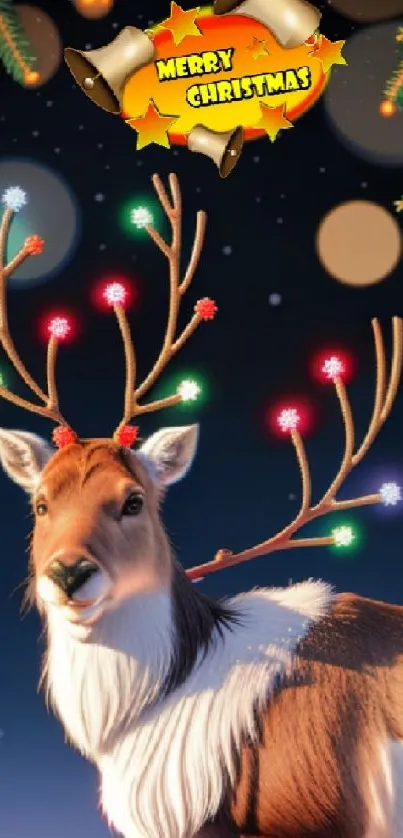 Festive reindeer with colorful antlers and Merry Christmas sign on wallpaper.