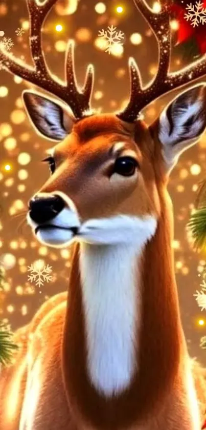 Festive reindeer with glowing antlers in a Christmas-themed wallpaper.