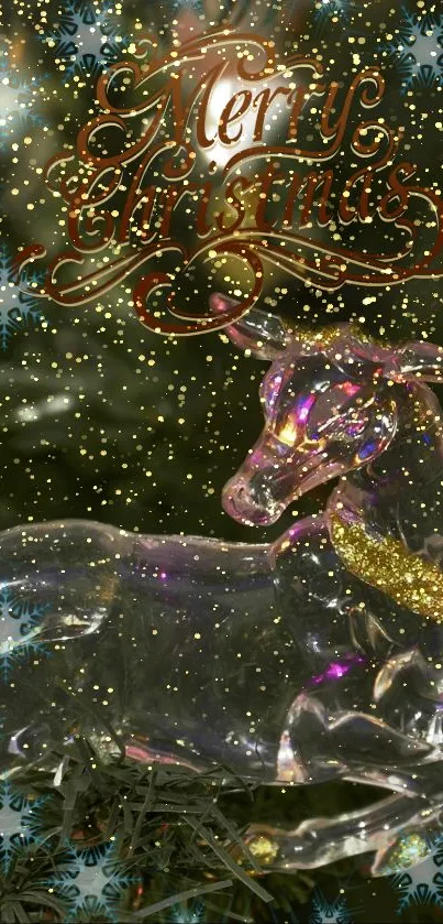 Glittering reindeer ornament on Christmas tree with festive colors.