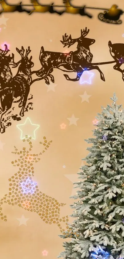 Festive Christmas wallpaper with reindeer, stars, and a decorated tree.