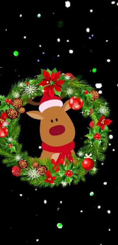 Festive reindeer in a Christmas wreath with snowflakes on black background.