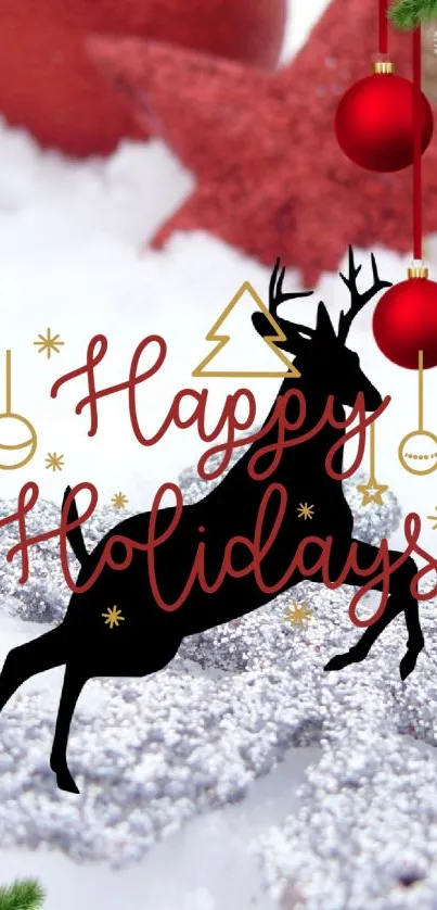 Festive holiday wallpaper with reindeer and red ornaments on a snowy background.