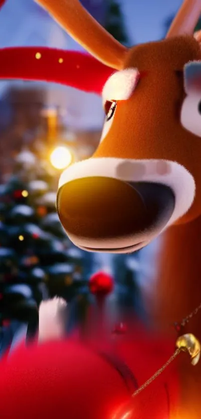 Charming animated reindeer with festive background.
