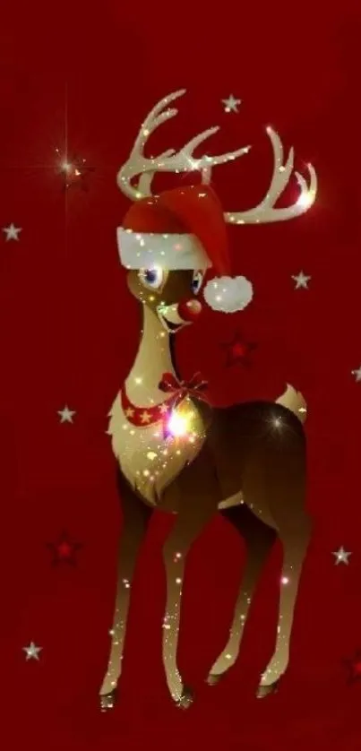 Festive reindeer with Santa hat on red background.