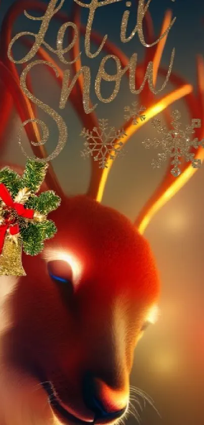 Festive reindeer with glowing antlers and holiday decorations on a warm background.