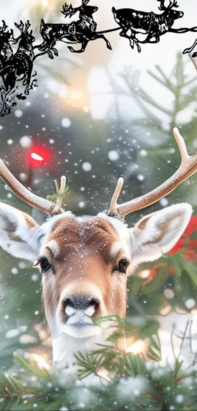 Reindeer with antlers amidst festive Christmas decorations and snow.