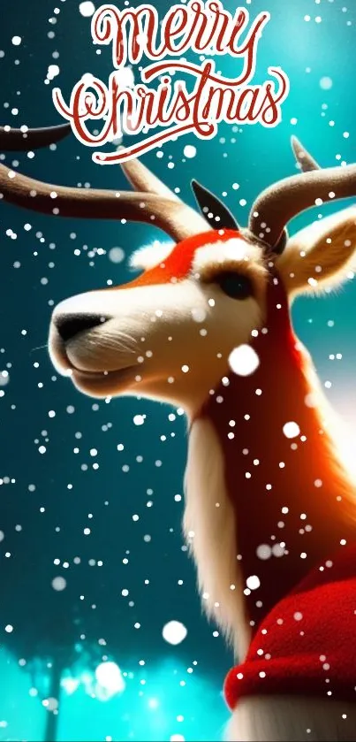 Festive reindeer in snow with 'Merry Christmas' text, teal background.
