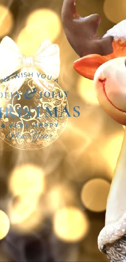 Festive reindeer with Santa hat and bokeh lights on holiday wallpaper.