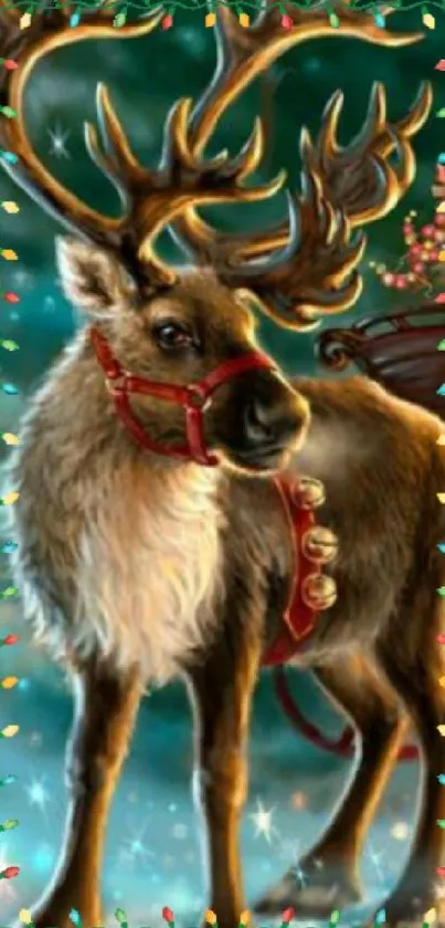Festive reindeer in a snowy forest with Christmas lights.