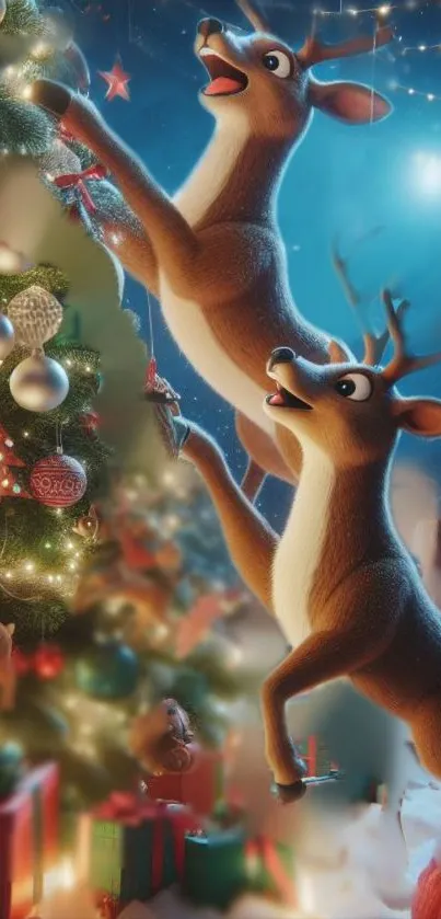 Festive reindeer with tree and gifts in holiday scene.