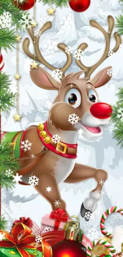 Festive reindeer with Christmas decorations and snowflakes for mobile wallpaper.