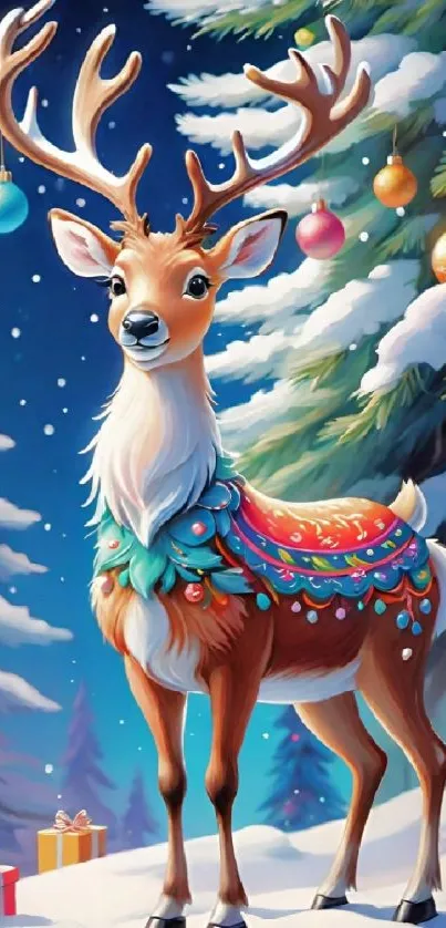 Festive deer with ornaments in a snowy forest.
