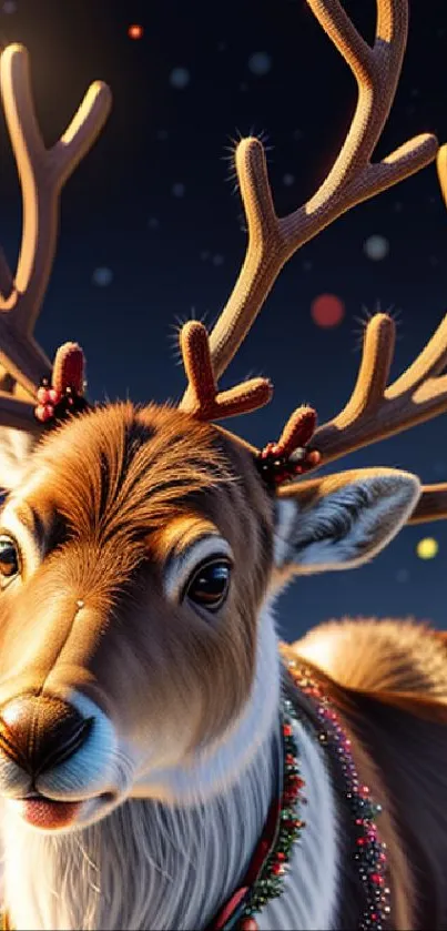 Reindeer with ornaments in festive holiday setting.
