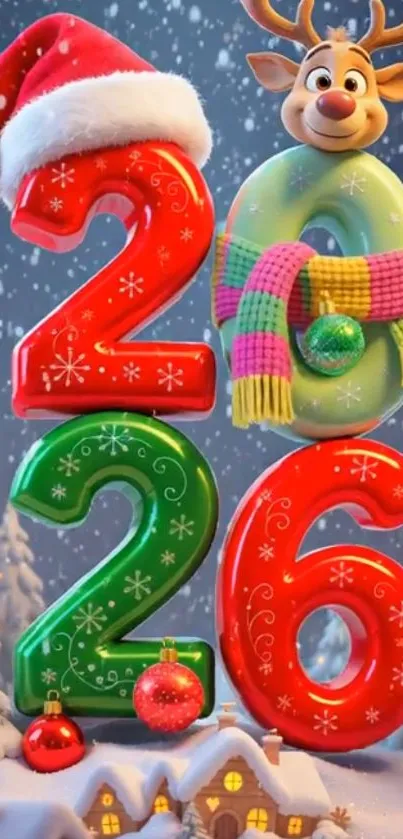 Festive 2026 wallpaper with reindeer and colorful digits.