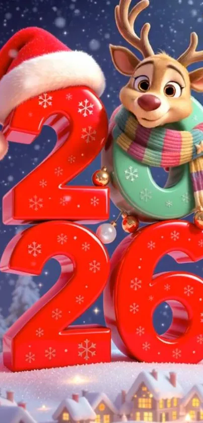 Reindeer with holiday numbers in snowy scene.