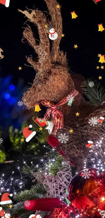 Festive reindeer in Christmas decorations with lights and ornaments.