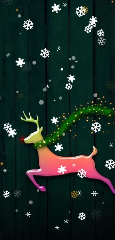 Colorful reindeer and snowflakes on a dark wood background wallpaper.
