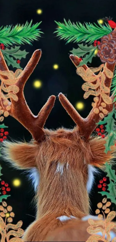 Back of reindeer with festive antlers adorned with holiday greenery.