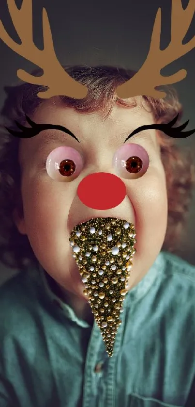 Child with reindeer antlers and glittering tongue, playful holiday theme.