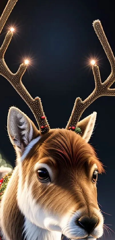 Festive reindeer with glowing antlers mobile wallpaper.