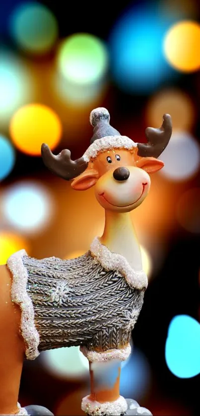 Festive reindeer in sweater with colorful bokeh lights.