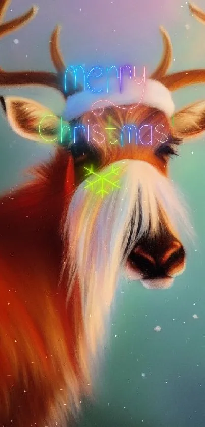 Reindeer wearing Santa hat in snow.