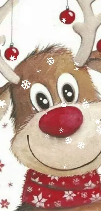 Festive reindeer with decorations on a mobile wallpaper.