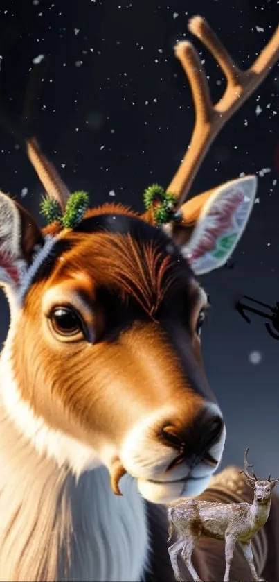 Reindeer with festive antlers under a starry night sky, featuring a Santa sleigh.