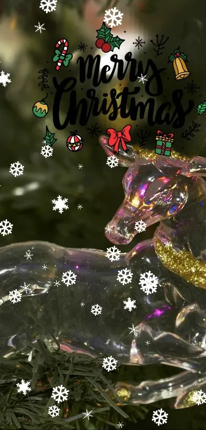 Festive reindeer ornament on Christmas tree with green and gold colors.