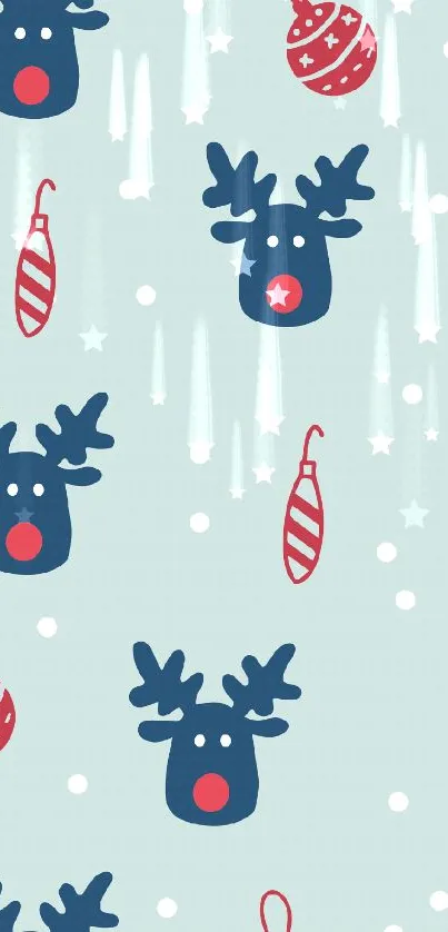 Festive reindeer and ornaments pattern on a light blue background.