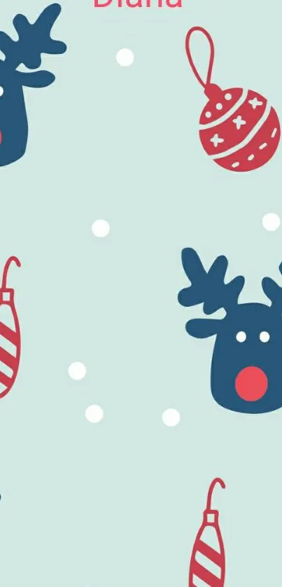 Whimsical reindeer with holiday ornaments on a pastel background for phone wallpaper.