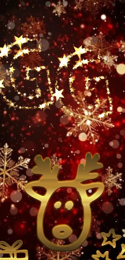 Festive Christmas wallpaper with reindeer and gold snowflakes on a red background.