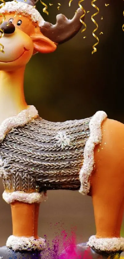 Festive reindeer in winter sweater for mobile wallpaper.