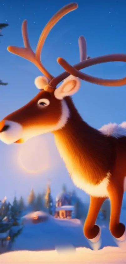 A cute reindeer in a snowy, festive winter wonderland scene.
