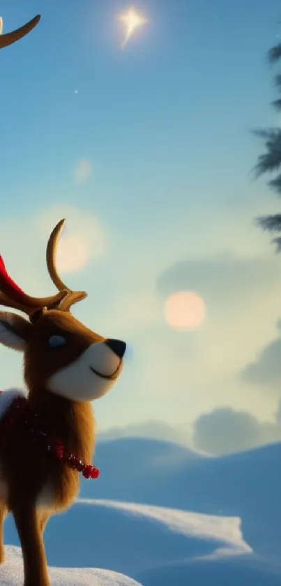 Festive reindeer in snowy landscape wallpaper.