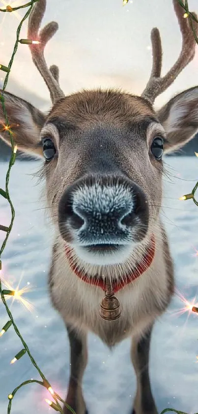 Cute reindeer with festive lights against snowy backdrop